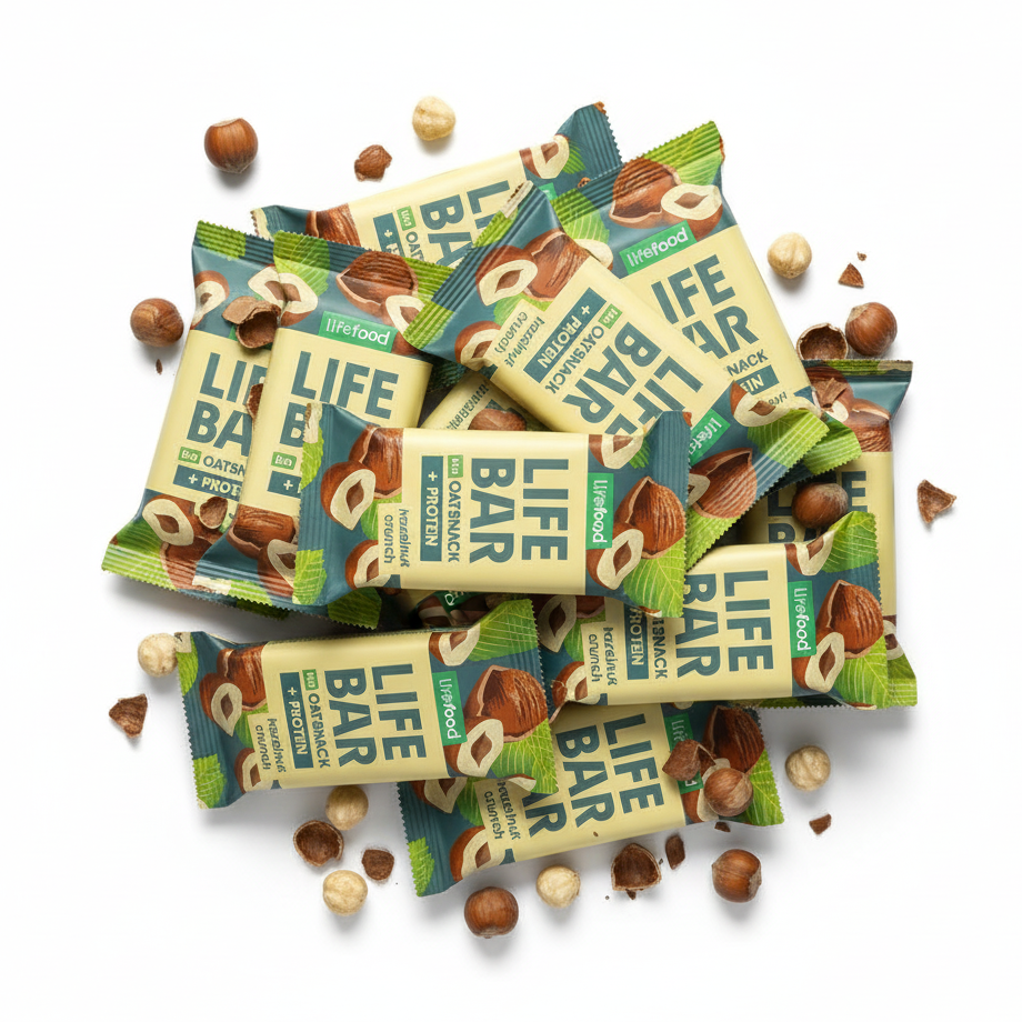 Lifefood Zvýhodněná sada 13 + 2 tyčinky zdarma - Lifebar Oat Snack Protein Hazelnut Crunch BIO (15 x 40 g) - nutričně bohaté svačinky