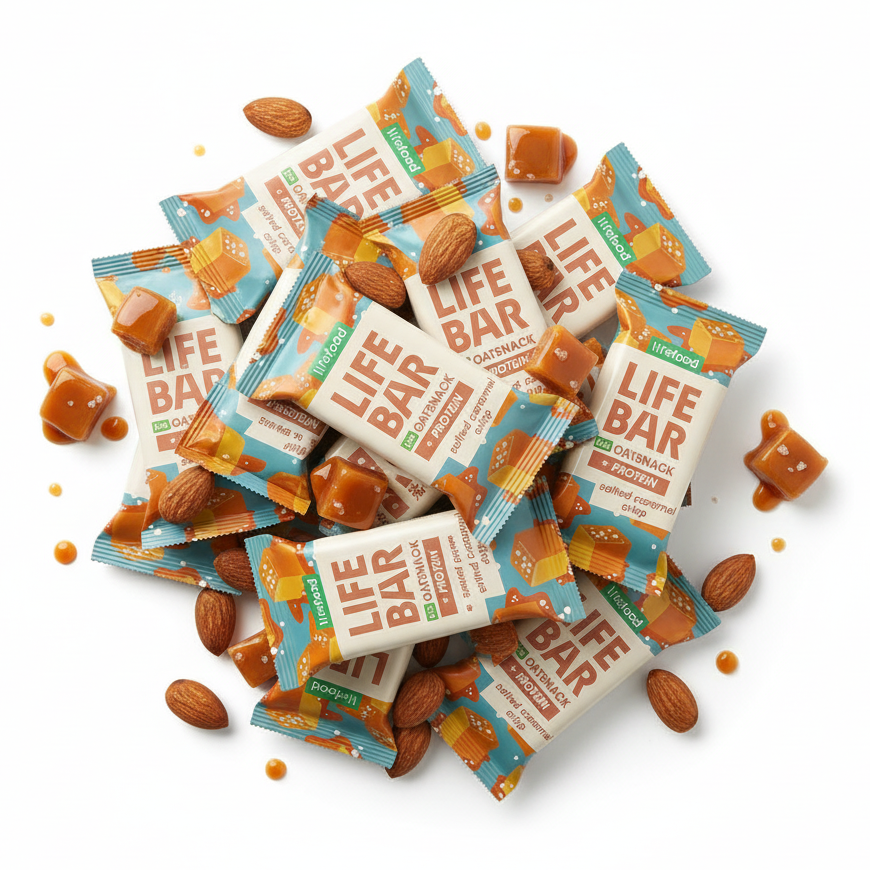 Lifefood Zvýhodněná sada 13 + 2 tyčinky zdarma - Lifebar Oat Snack Protein Salted Caramel Crisp BIO (15 x 40 g) - nutričně vyvážené svačinky